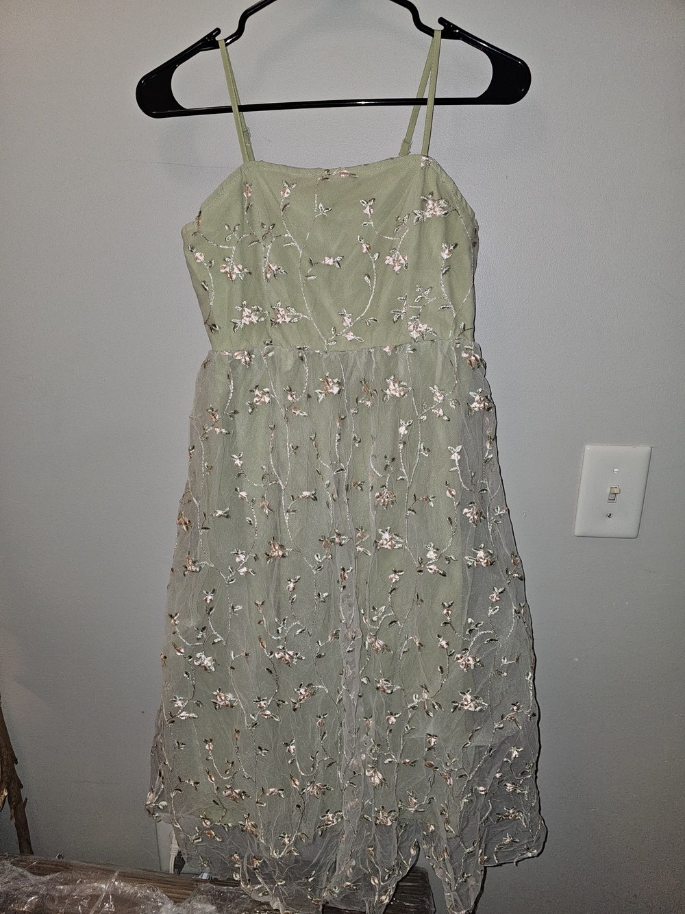 SHEIN Sage Green Embroidered Mesh Spaghetti-Strap Dress